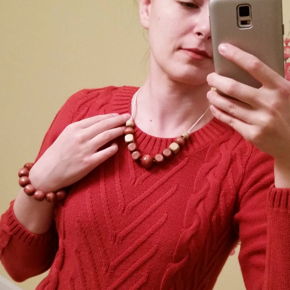 Brown wood beads necklace, hemp rope cord